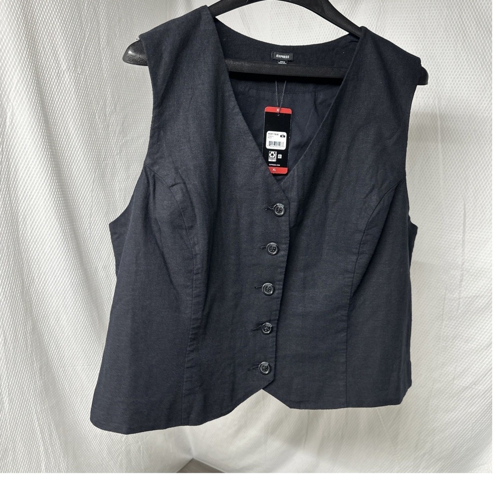 Express Y2K Linen Vest Women XL Black New Button Front Tailored V-Neck 90s